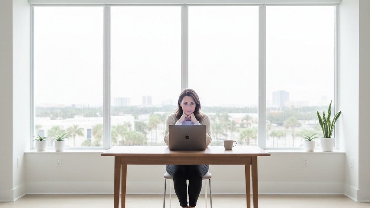Woman at desk looking thoughtfully at laptop screen while reviewing dating app search results