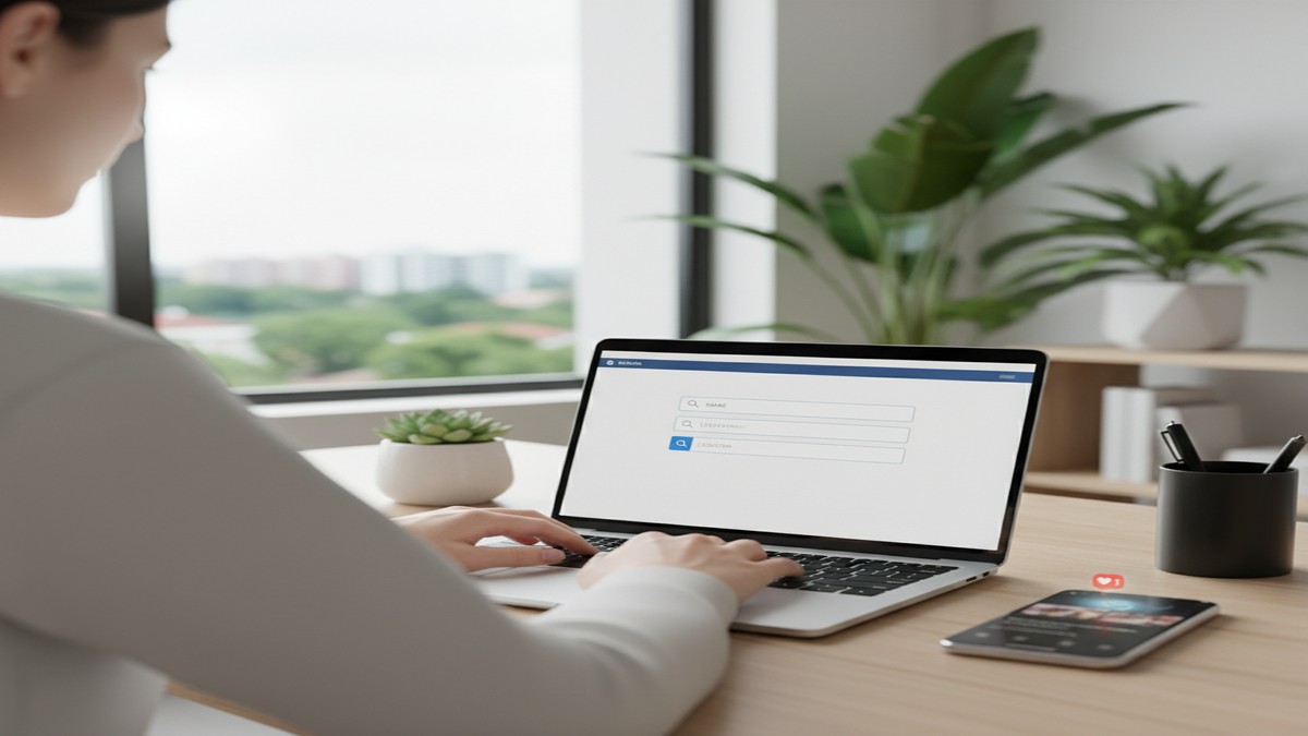 Person using a dating app search tool on laptop in a bright workspace