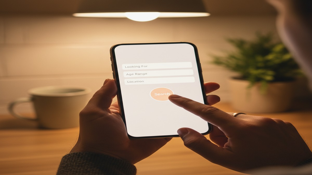 Hands holding a phone while running a dating profile search