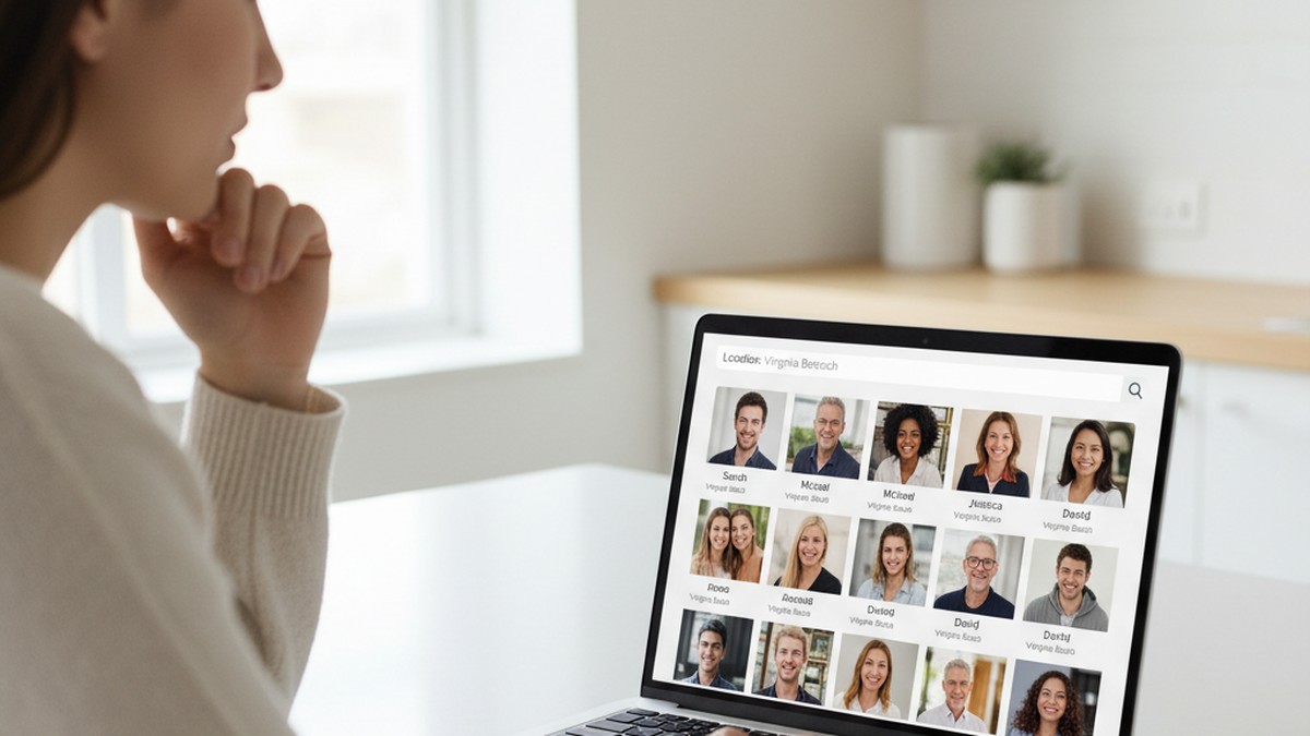 Person using laptop to run a dating app profile search in Virginia Beach