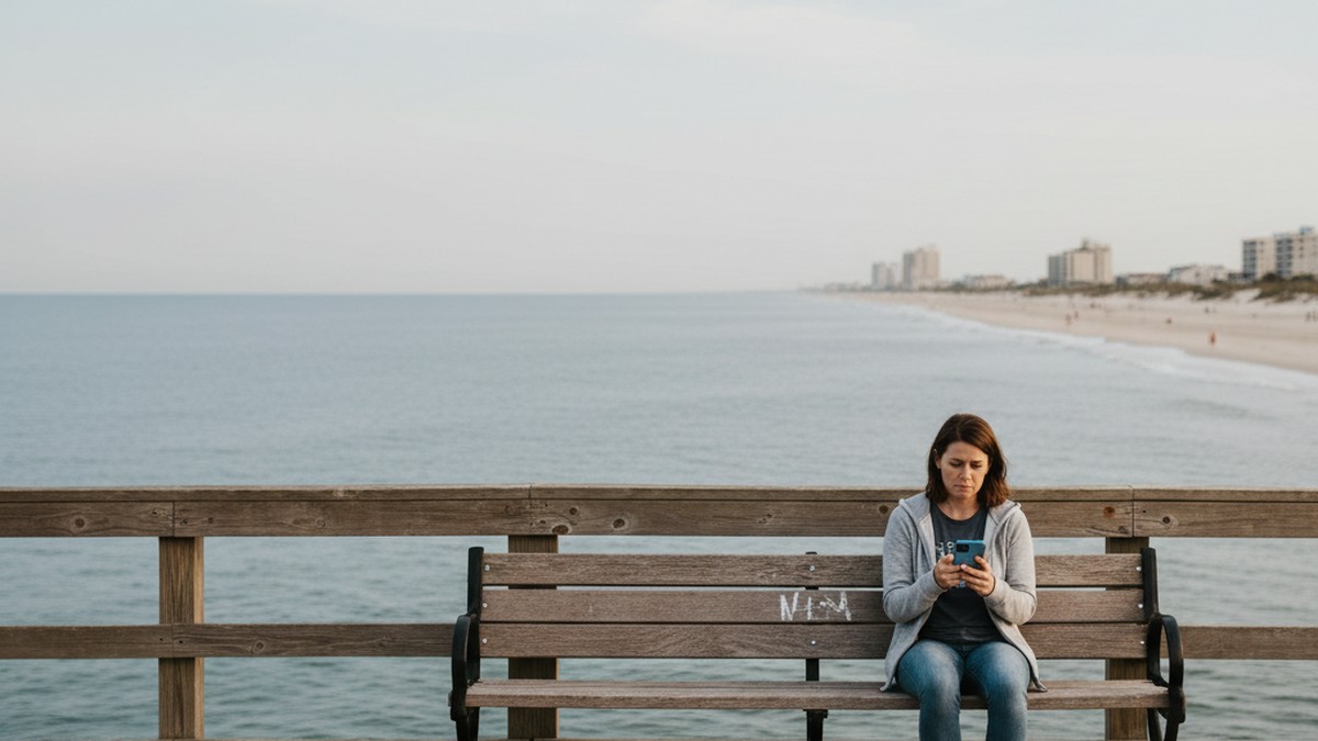 Woman sitting alone at Virginia Beach waterfront checking phone, concerned expression