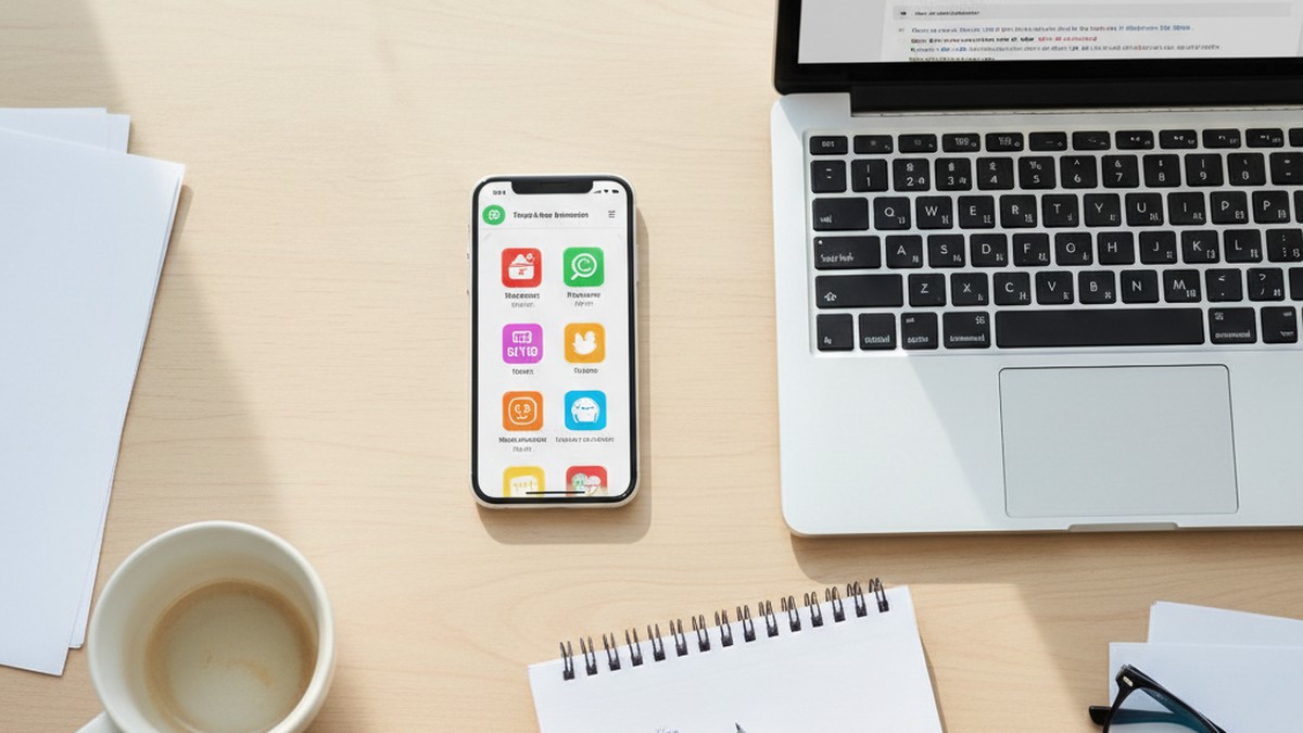 Desk flat-lay with phone, laptop and notepad showing dating profile search tools comparison