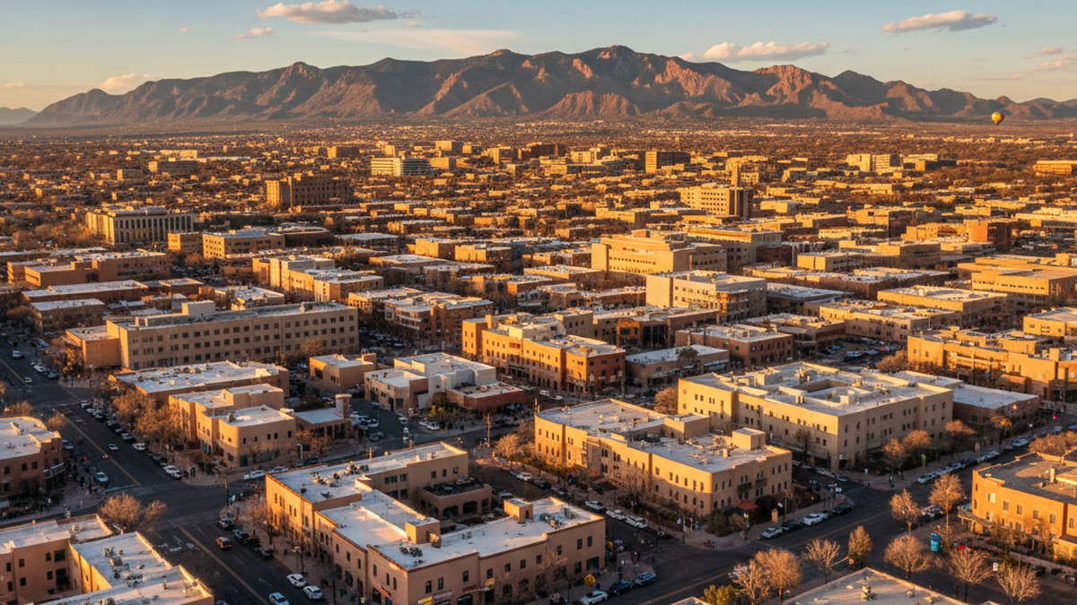 Aerial view of Albuquerque city streets at golden hour, mountains in background