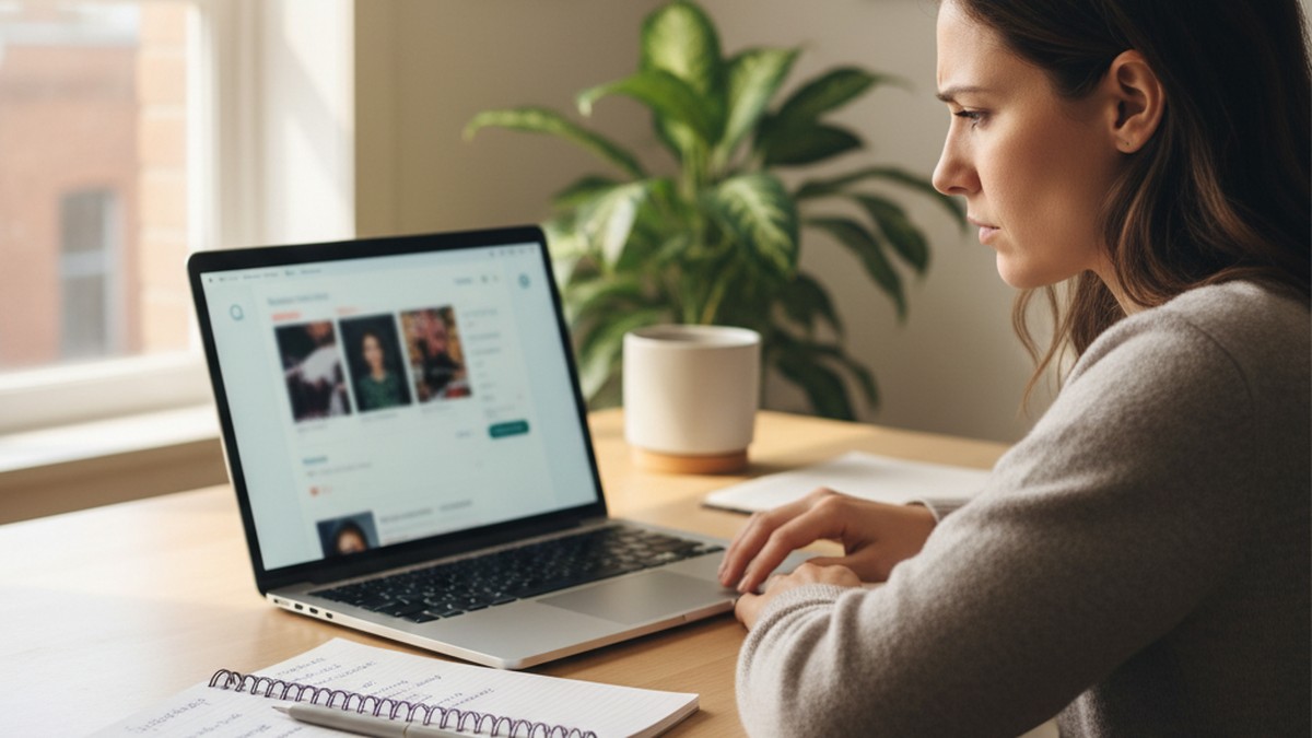 Person searching for dating profiles on laptop at home desk