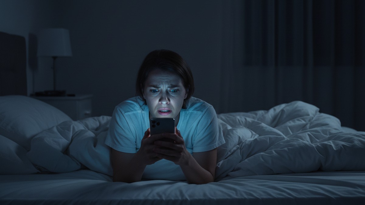 Person anxiously checking phone in dark bedroom at night