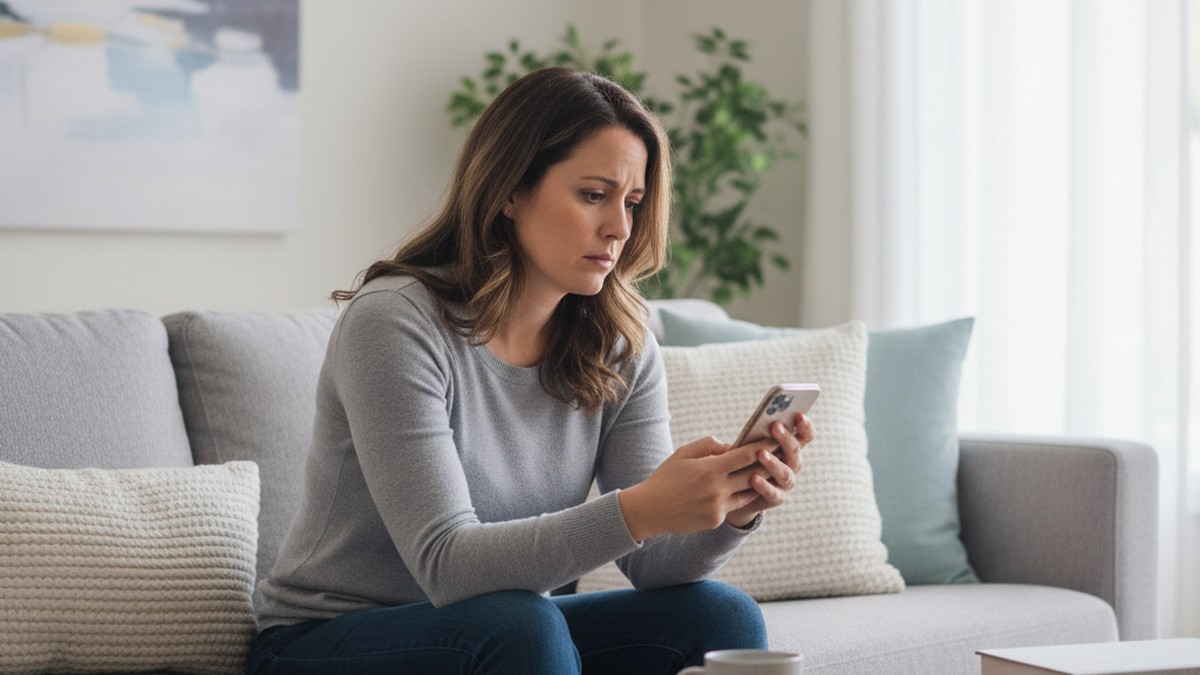 Person sitting alone looking at phone with concerned expression, reflecting on dating app search results