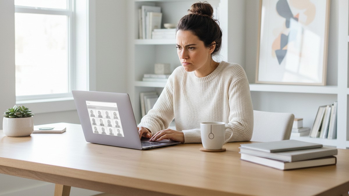Woman at home office desk looking frustrated at laptop screen during an email-based dating profile search