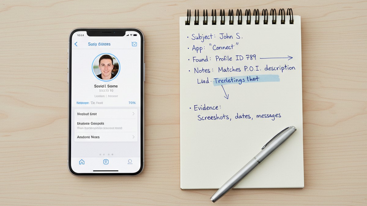 Overhead flat-lay of smartphone with profile screenshot, notepad and pen for documenting dating profile evidence