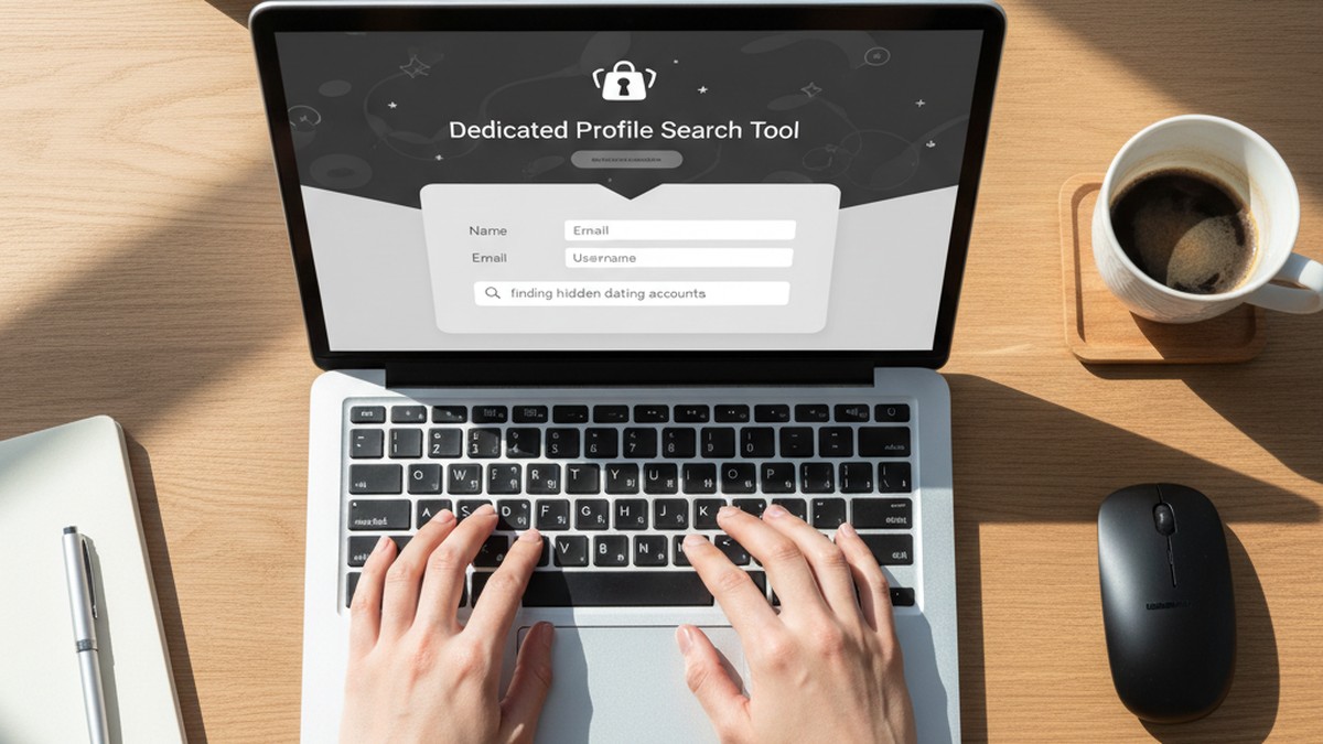 Hands typing on laptop searching for dating profiles in Detroit