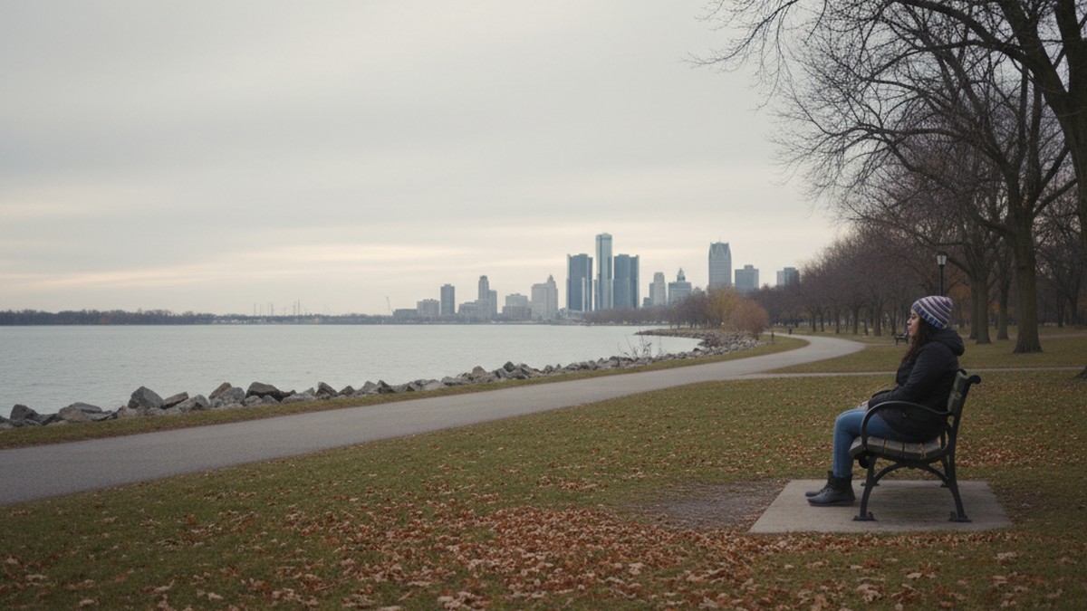 Person sitting alone in Detroit park contemplating relationship concerns