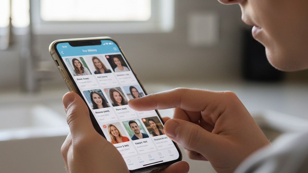Close-up of hands scrolling through dating app profiles on a smartphone during a search