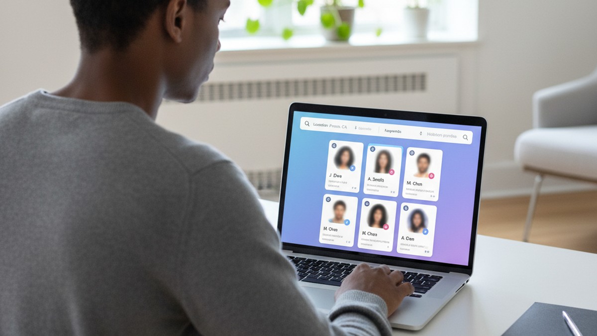 Over-the-shoulder view of person reviewing dating profile search results on a laptop
