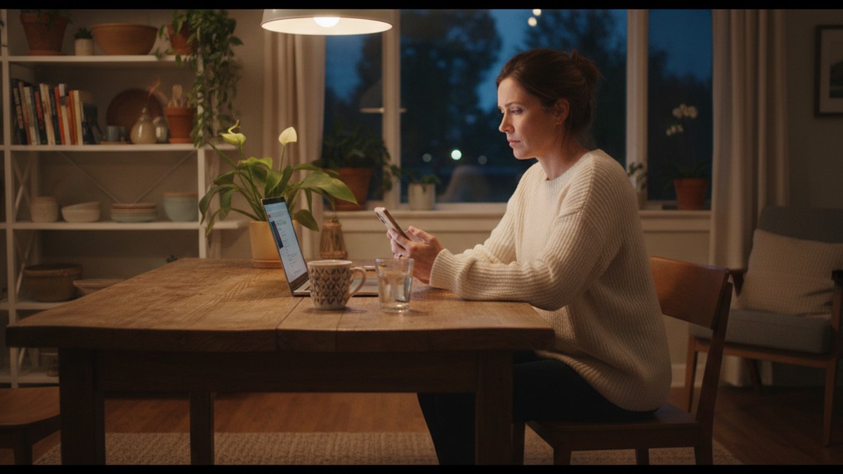 Person sitting at kitchen table at night looking contemplatively at their phone