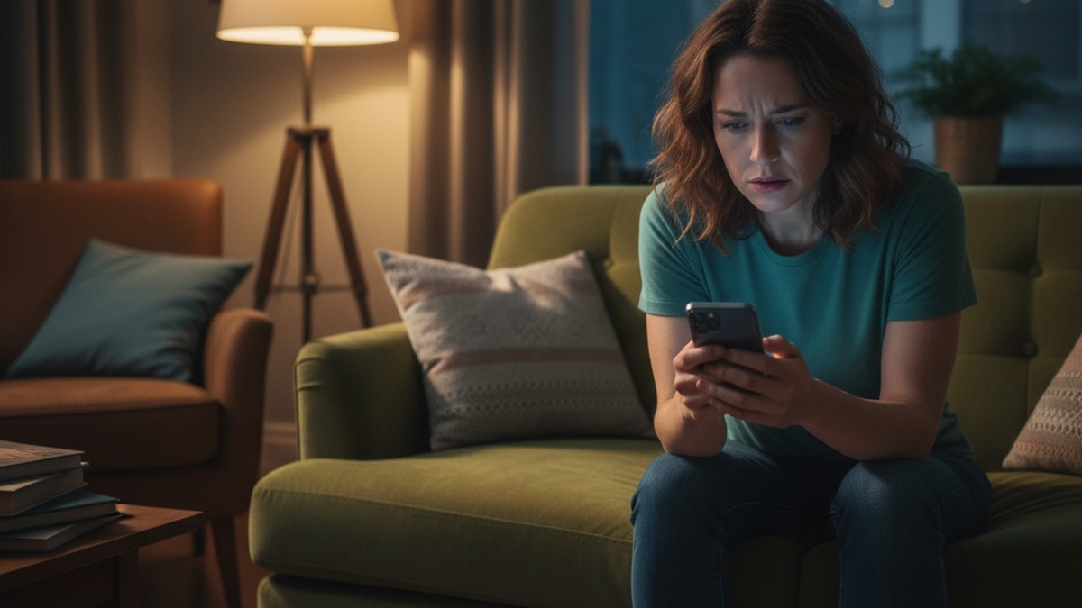 Person looking at phone with worried expression about partner's hidden dating profile