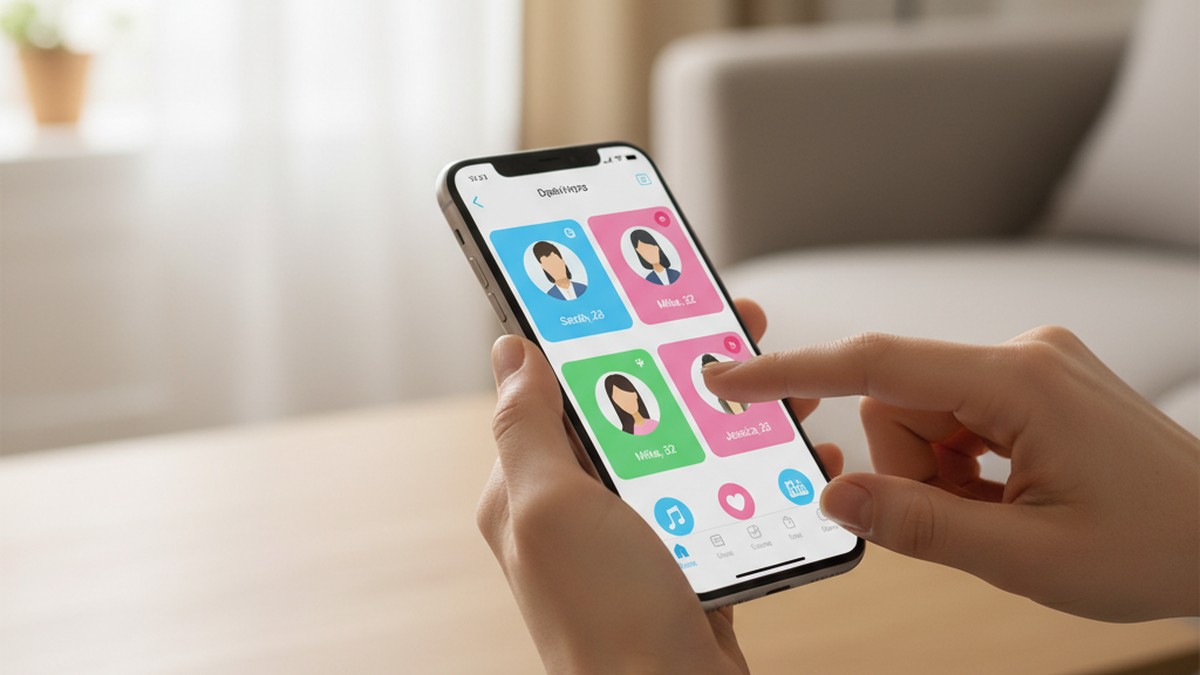 Hands scrolling through dating app profiles on a smartphone during a Kansas City profile search