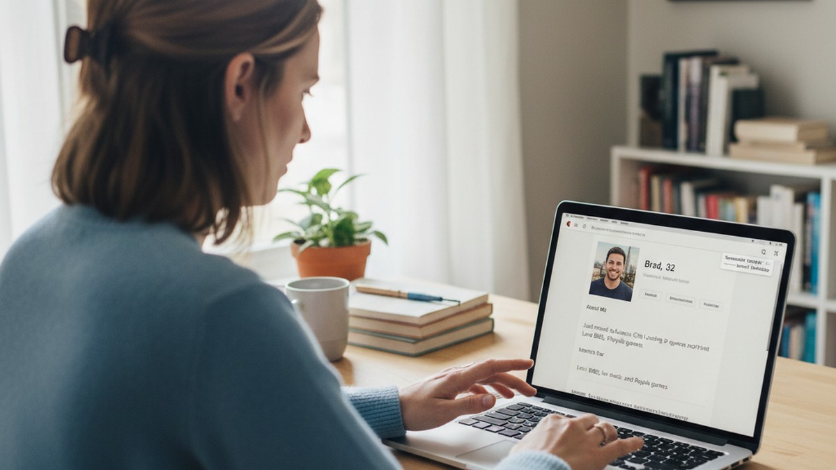 Person carefully documenting a dating profile on their laptop screen