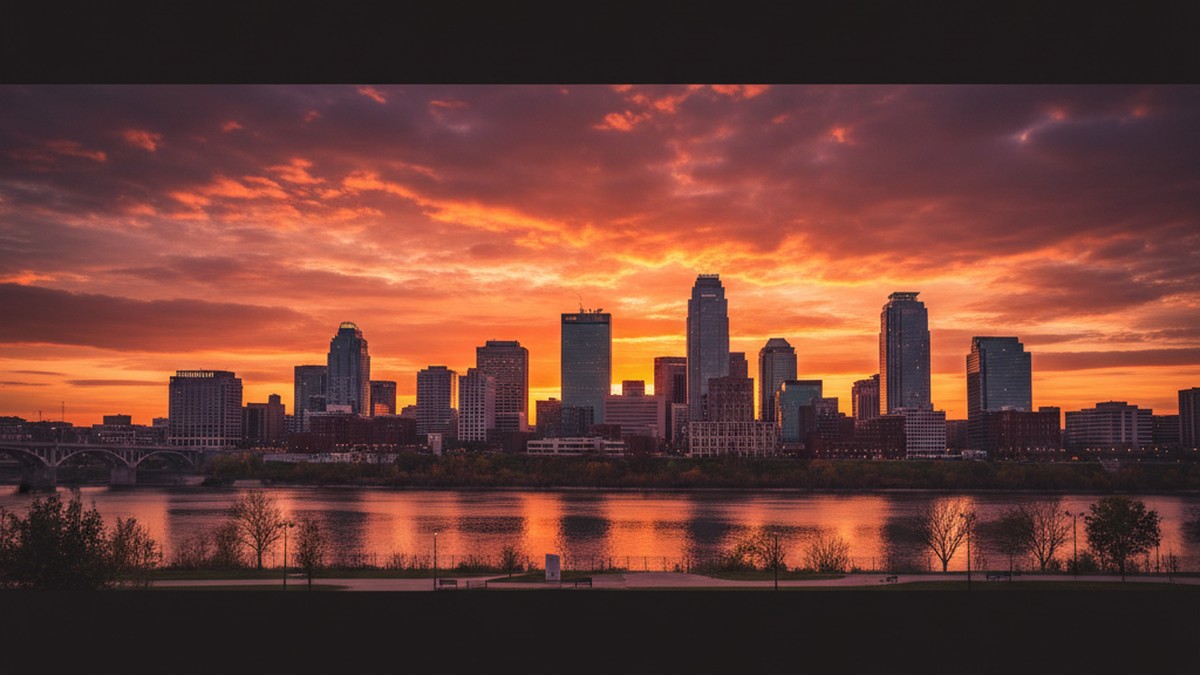 Kansas City skyline at golden hour viewed from across the river