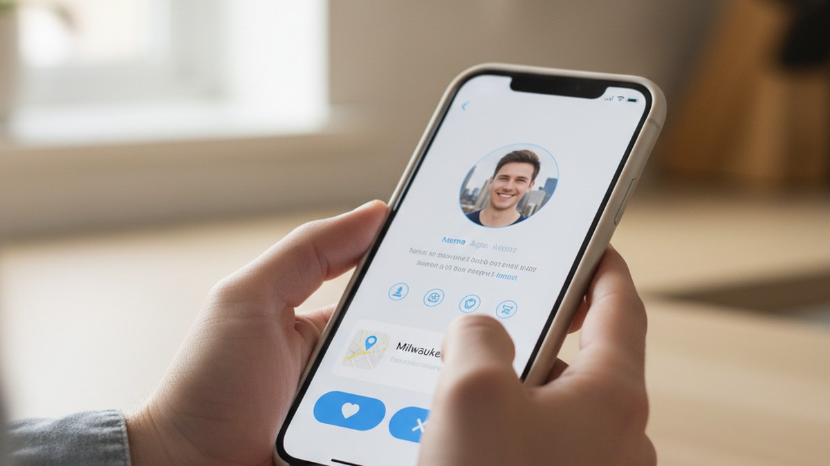 Hands holding a smartphone displaying a dating app profile card while searching for hidden accounts in Milwaukee