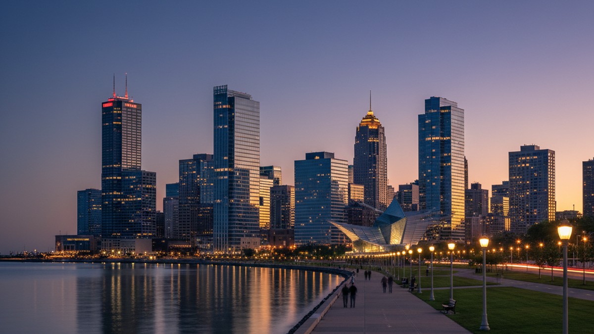 Milwaukee lakefront city skyline at dusk reflecting on Lake Michigan — the city's dating app scene spans multiple neighborhoods