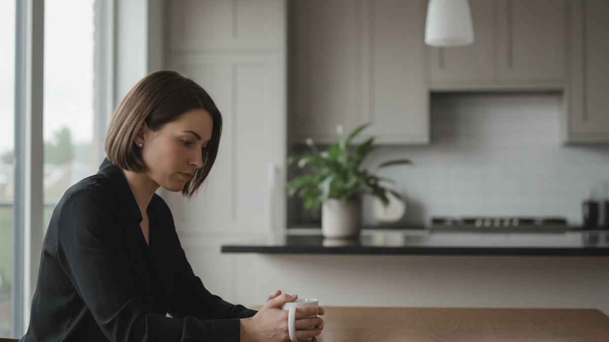 Woman sitting alone at kitchen table with coffee, considering next steps after finding a partner's dating profile