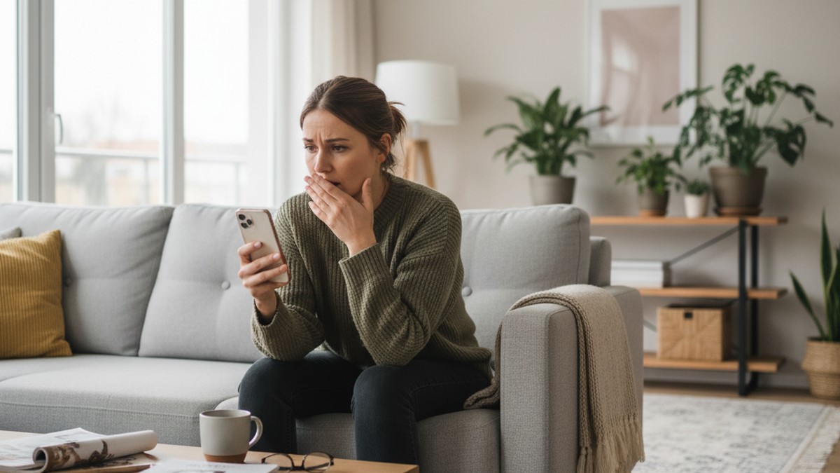 Person looking at phone with concern, noticing behavioral changes in a partner