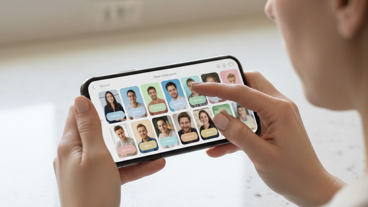 Hands scrolling through dating app profiles on a smartphone while searching for a hidden account