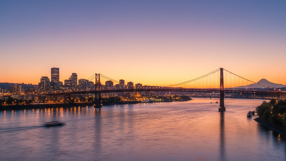 Portland city bridge at dusk reflecting on the river — the city's dating app scene spans multiple platforms
