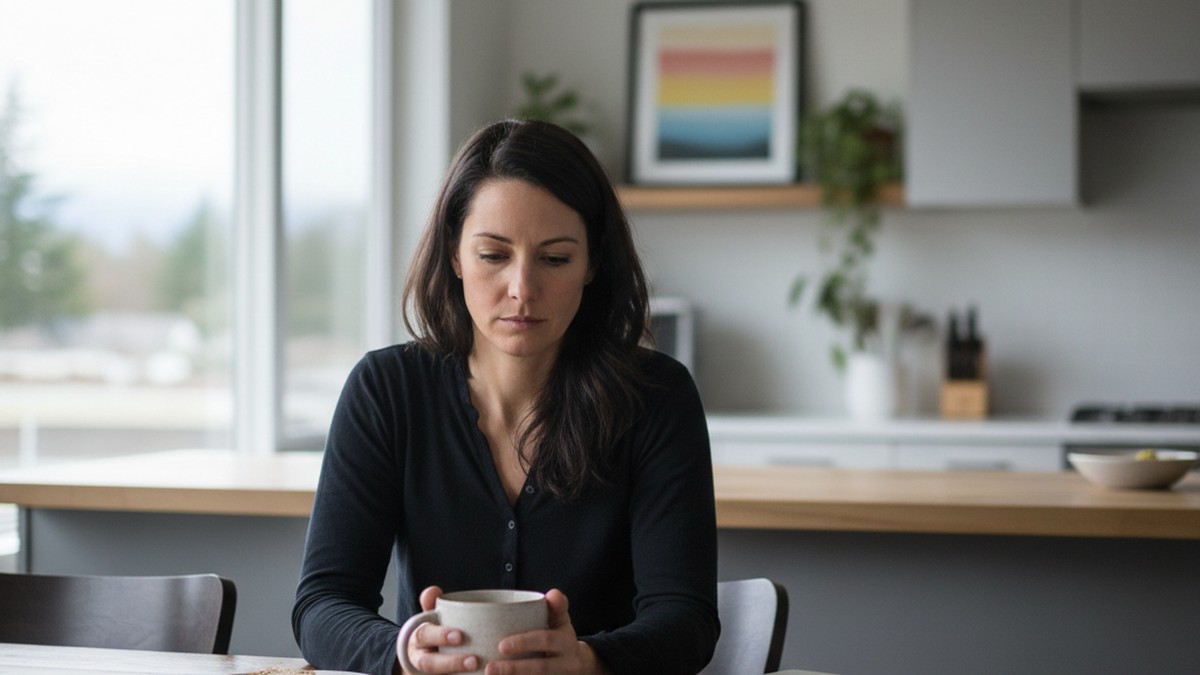 Woman sitting alone with coffee, contemplating next steps after finding a partner's dating profile