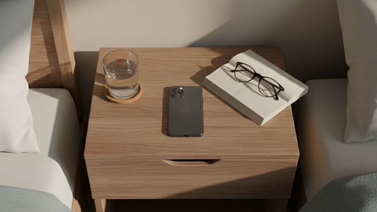 Smartphone face-down on nightstand — a behavioral sign of hidden dating app use