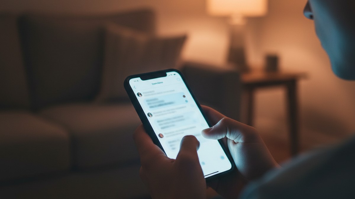 Person's hands holding a phone late at night, screen casting soft light, suggesting secret Discord activity