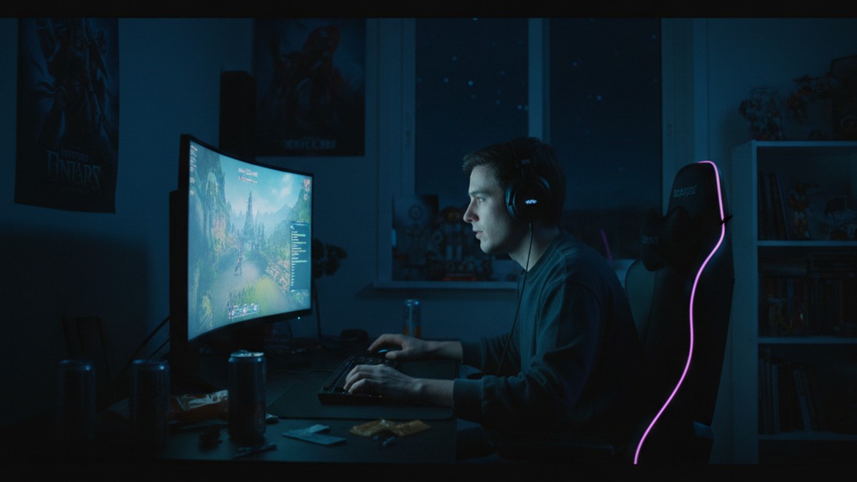 Person wearing headphones alone at a desk late at night, absorbed in a late-night online voice session