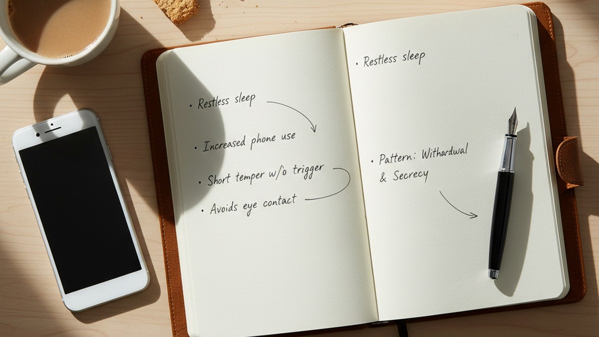 Overhead view of a notebook with handwritten observations and a phone face-down on a desk