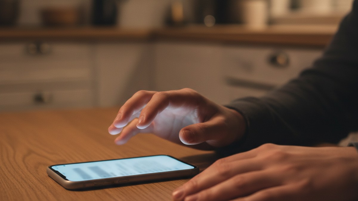 Hands hesitating over phone while composing a message, depicting the psychological weight of post-affair contact