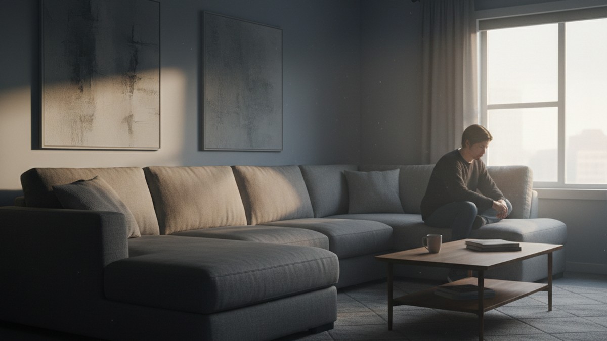 Person sitting alone on a couch by a window, contemplating regret and longing after an affair
