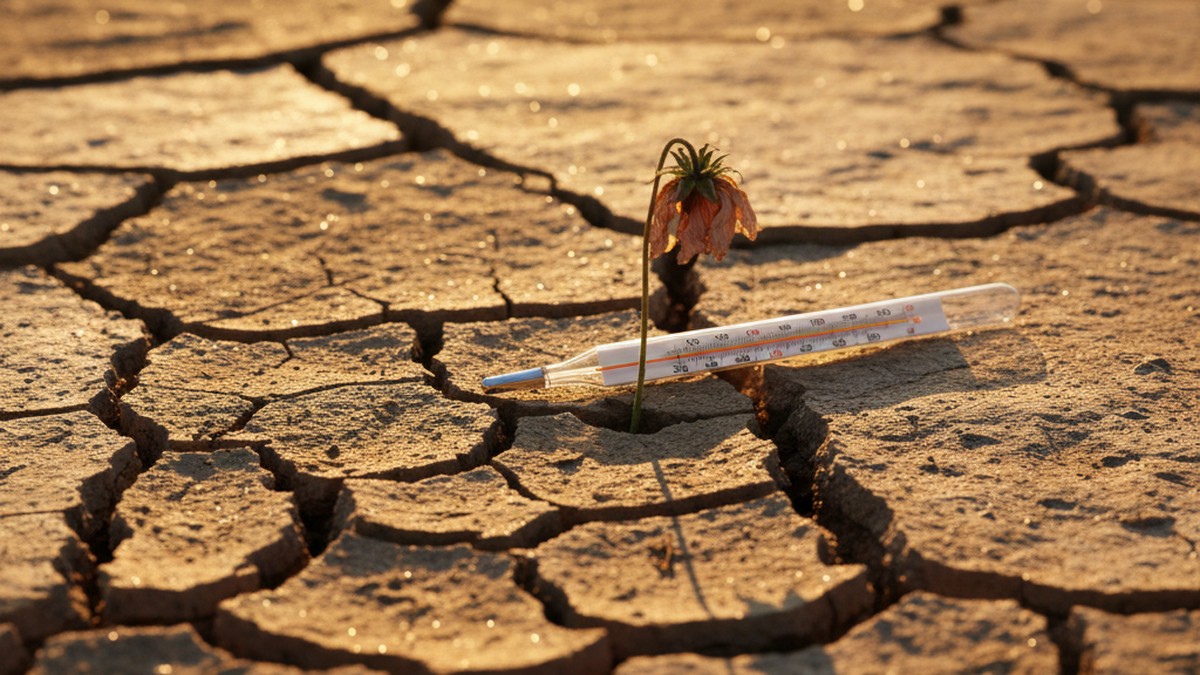 Abstract conceptual image of summer heat and psychological threshold — thermometer in sunlight beside cracked earth
