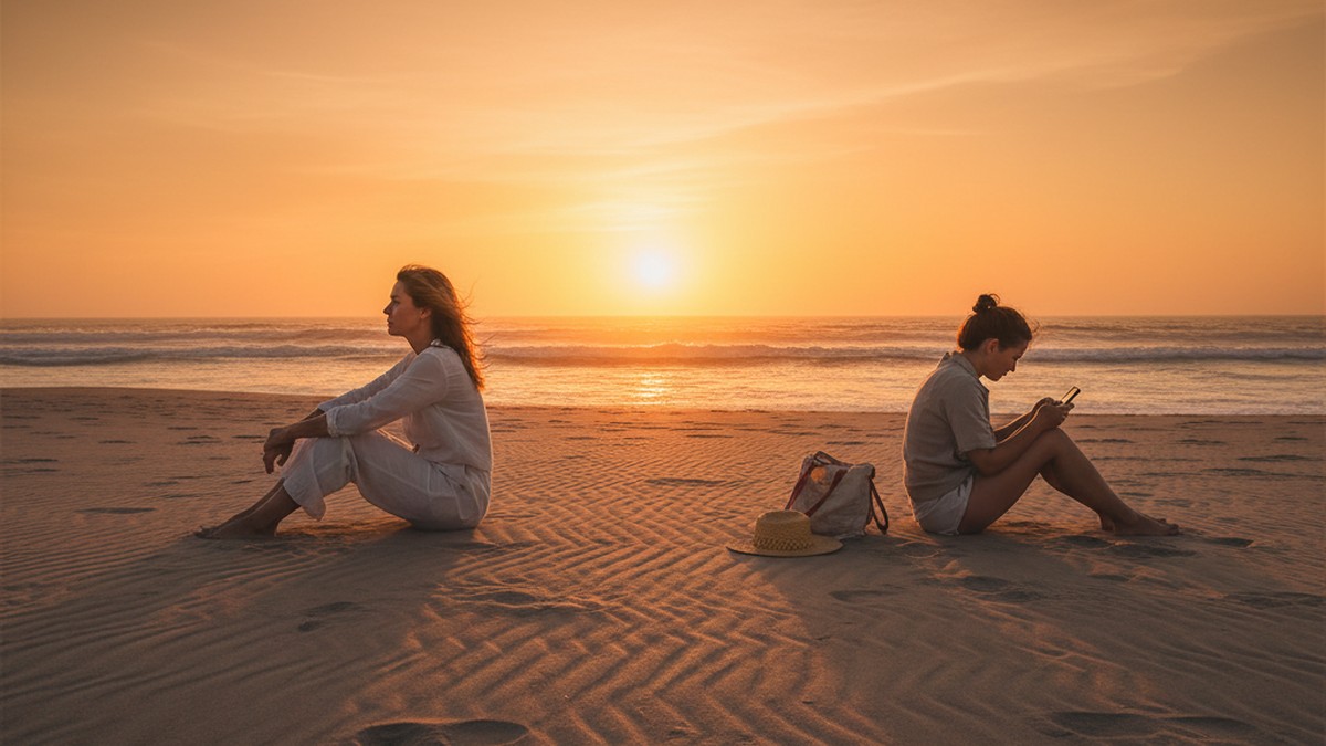 Couple sitting apart on a summer beach at golden hour, one on phone — illustrating vacation emotional distance