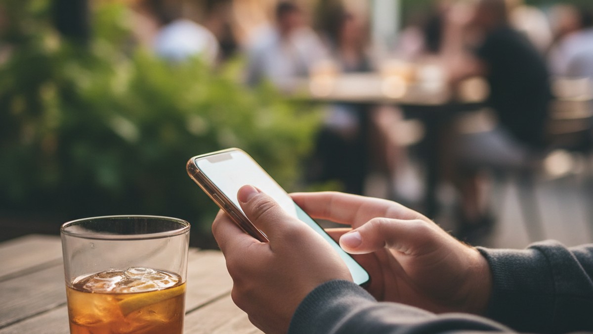 Hands holding smartphone at summer outdoor table, screen glow visible — phone behavior warning signs