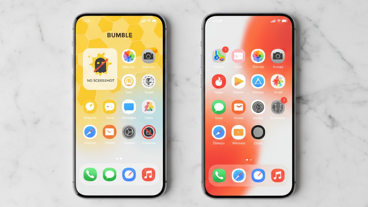 Two smartphones side by side comparing different dating app platforms and their screenshot notification policies