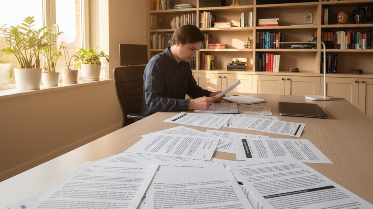 Person at bright home desk reviewing legal documents about privacy laws and screenshot regulations