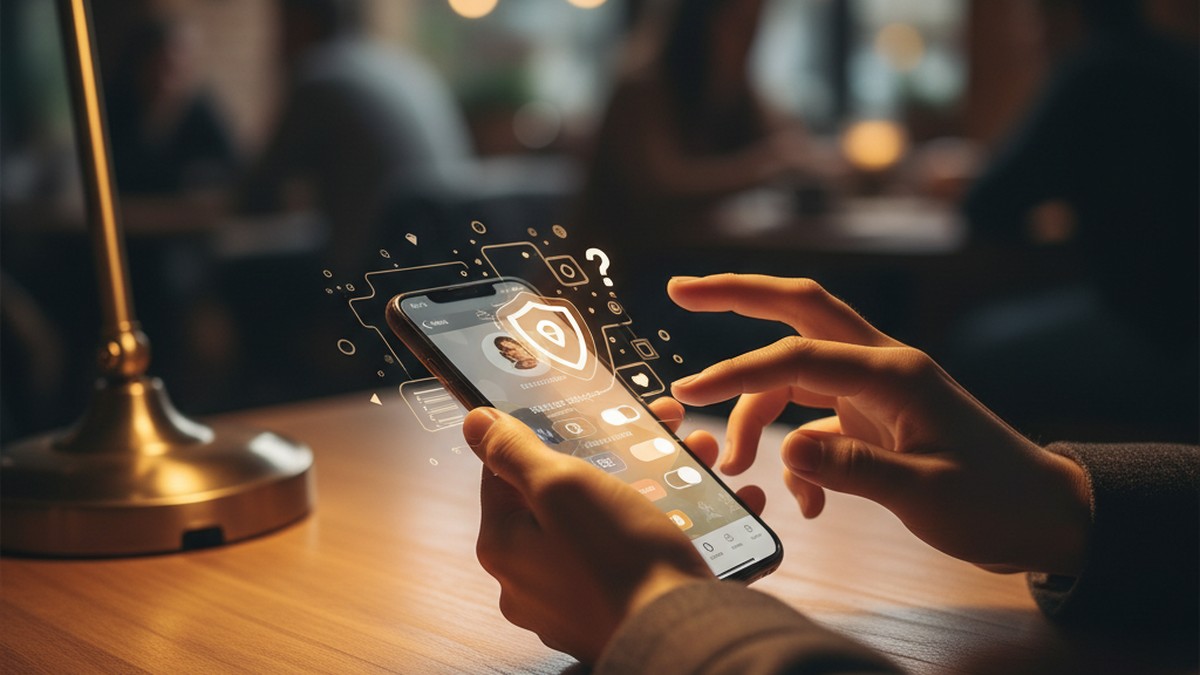 Hands holding smartphone at cafe table, evaluating privacy settings before taking action