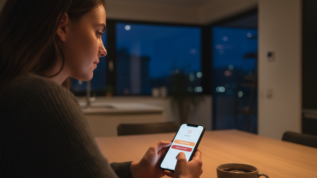 Person at kitchen table looking at phone, representing the choice between pausing and deleting a Hinge account