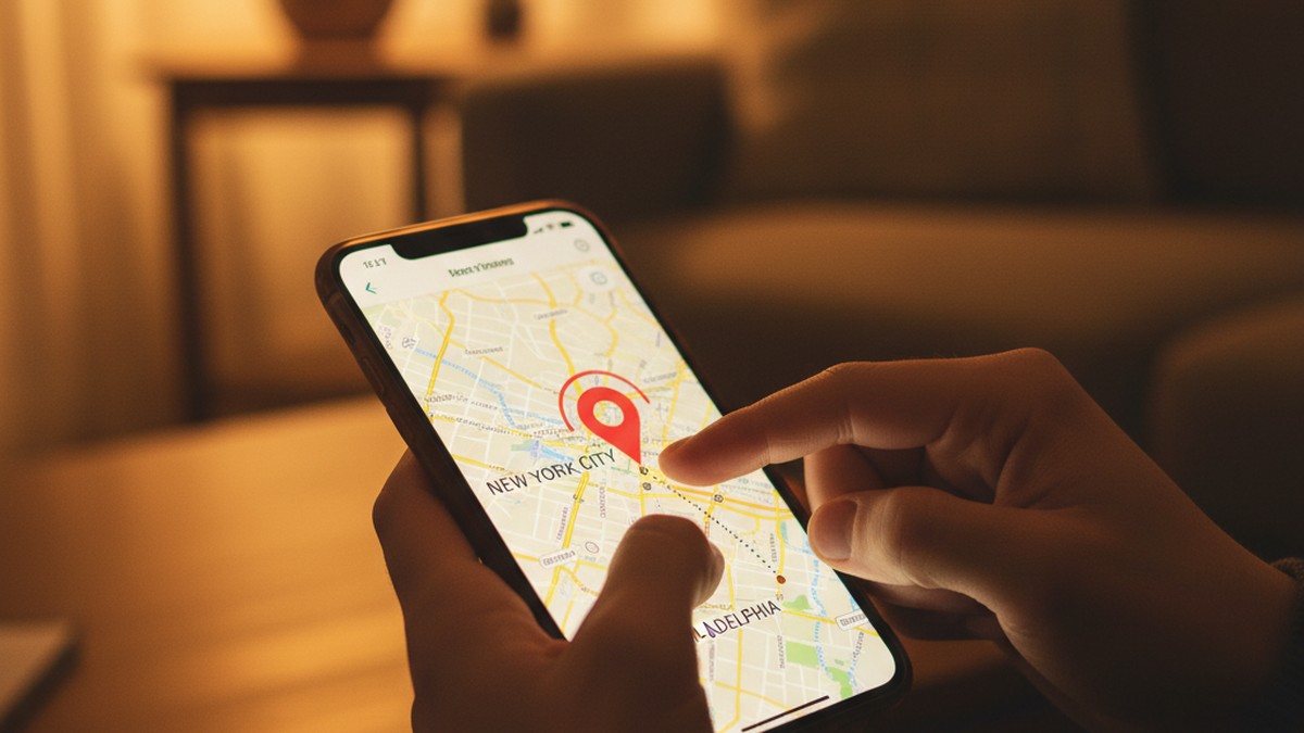 Hands holding phone showing location pin being dragged on map — illustrating manual location manipulation on Hinge