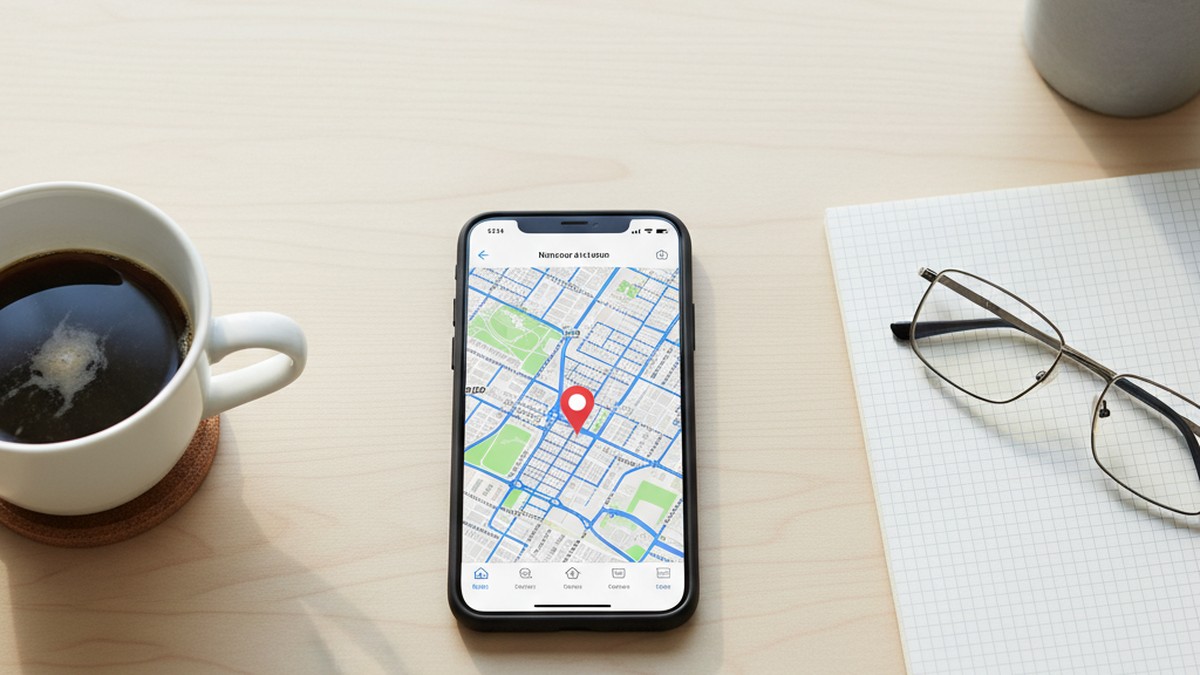 Overhead flat-lay of smartphone showing city map with location pin, illustrating Hinge manual location settings