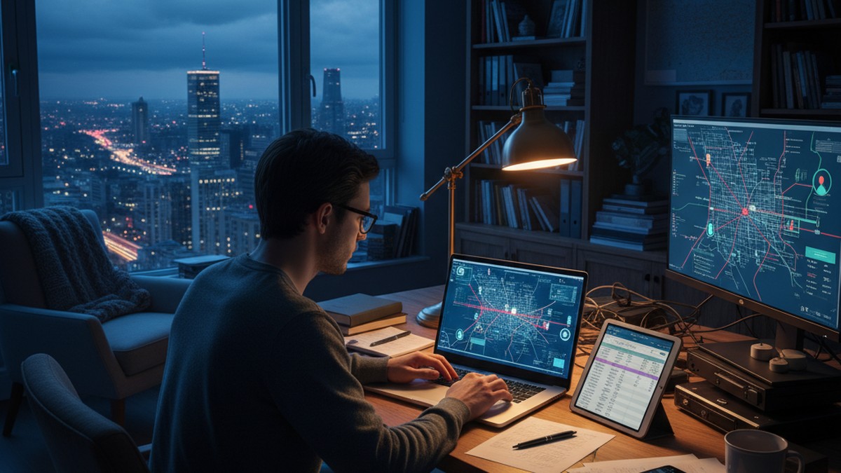 Person at desk in evening light analyzing location data on laptop, illustrating cross-referencing dating app location information