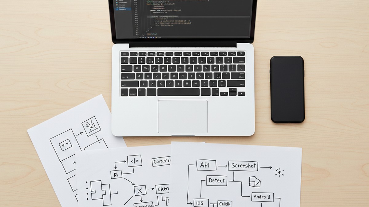 Developer workspace overhead view showing laptop with app code and smartphone, representing screenshot detection API analysis