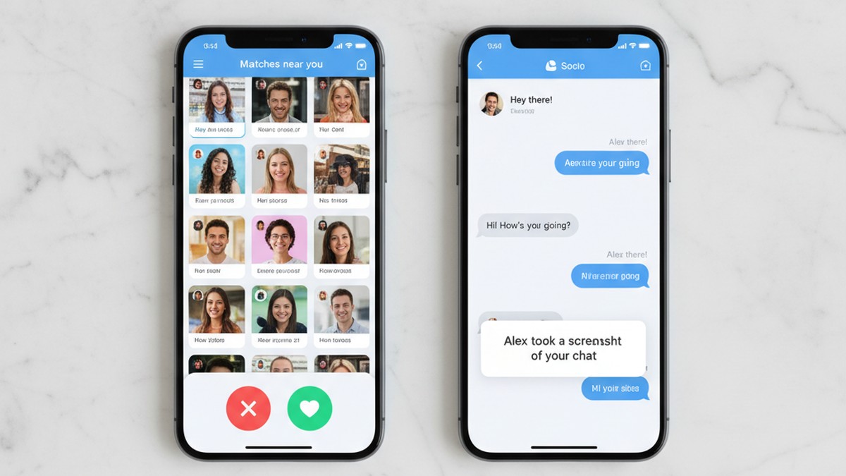 Two smartphones side by side on white marble comparing dating app interfaces and screenshot notification policies