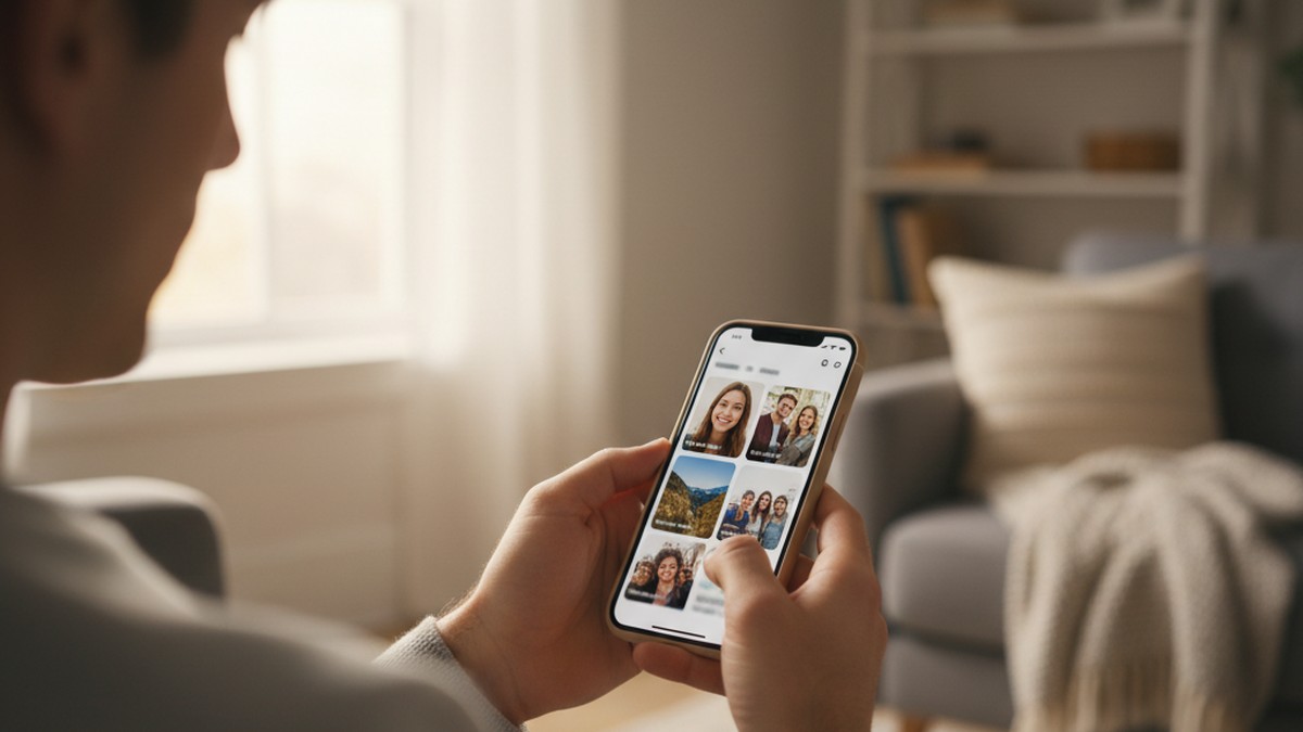 Over-the-shoulder view of person reviewing a dating app profile on smartphone in a private home setting