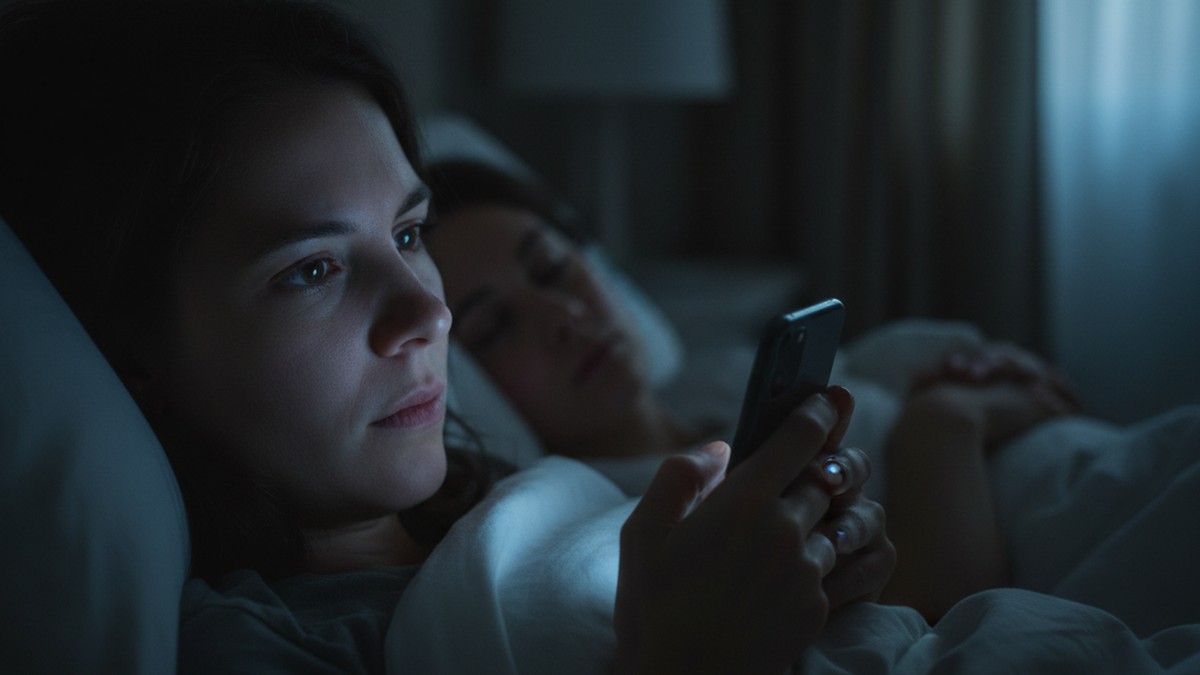Person lying in bed checking phone in the dark while partner sleeps beside them showing phone secrecy signs