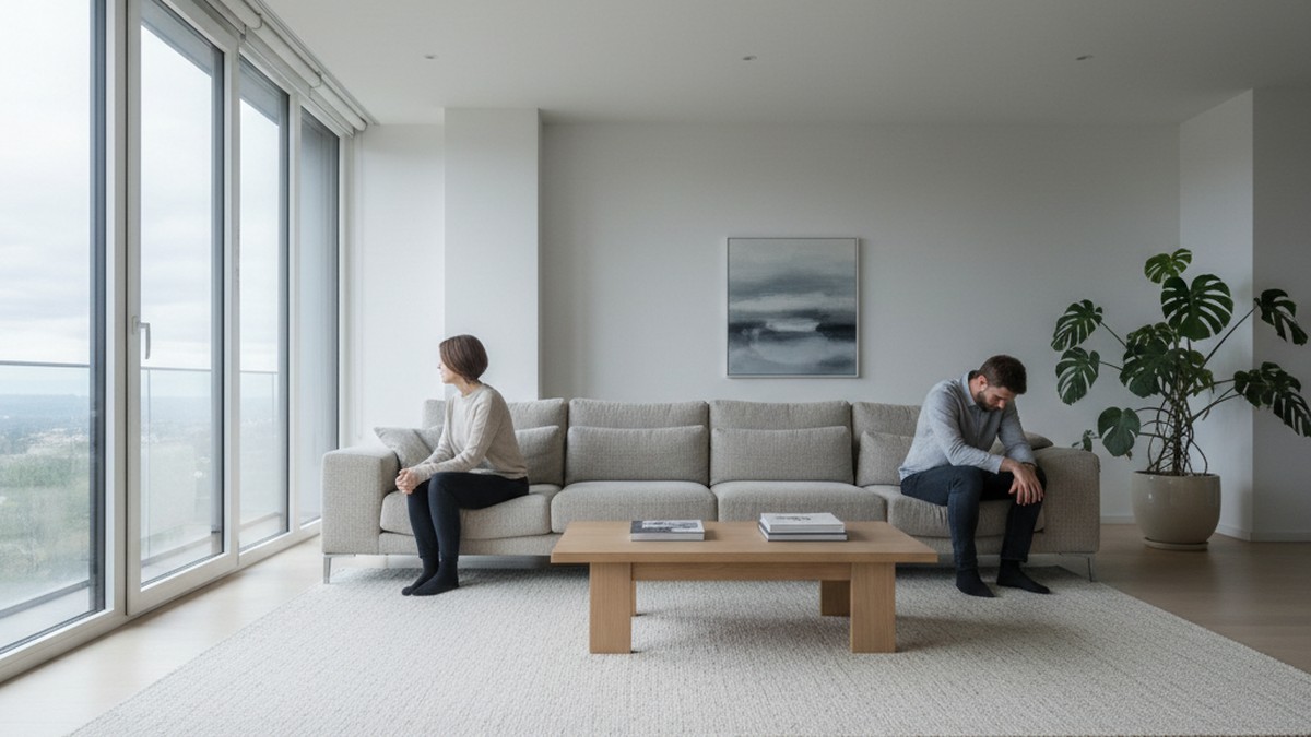 Two people sitting on opposite ends of a couch with emotional distance between them in a quiet living room