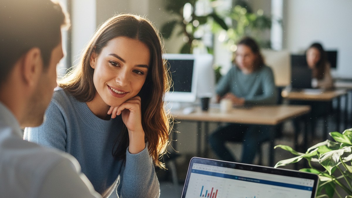 Two office colleagues sharing emotional conversation over a laptop, illustrating workplace emotional affairs